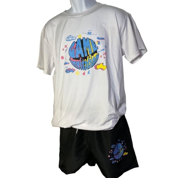 Game Invitation Graphic T-Shirt & Shorts Set - Size xL swim trunks new - Picture 1 of 11